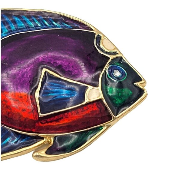 Enameled Tropical Fish Metal Brooch Pin Gold-Tone Finish Rhinestone Eye 2.75" - Picture 2 of 5